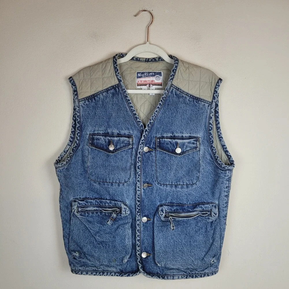 VTG New River Vest Small Blue Denim Quilted Padded Utility Chore Gorpcore Field